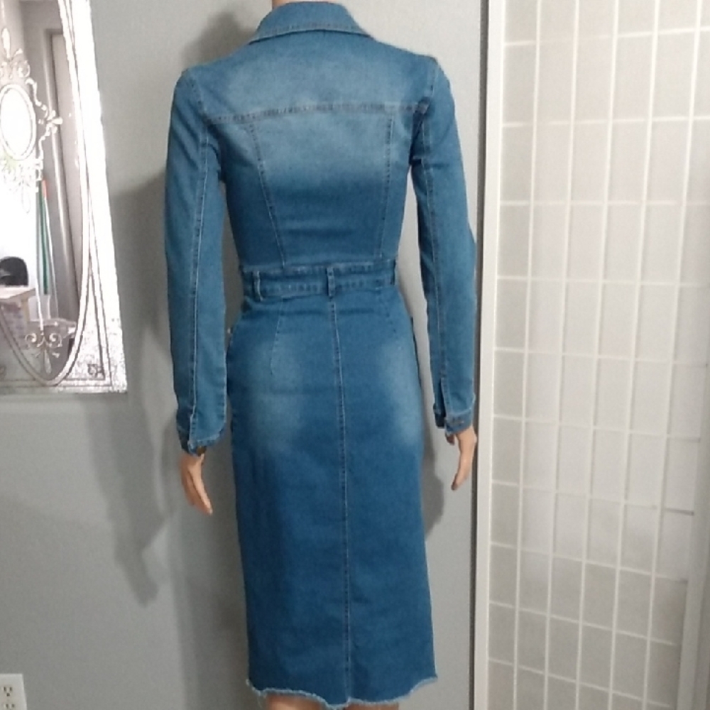 Blue Denim Button-Front Midi Dress By SHEIN Women's XS Slim Fit - Pockets - Picture 4 of 10